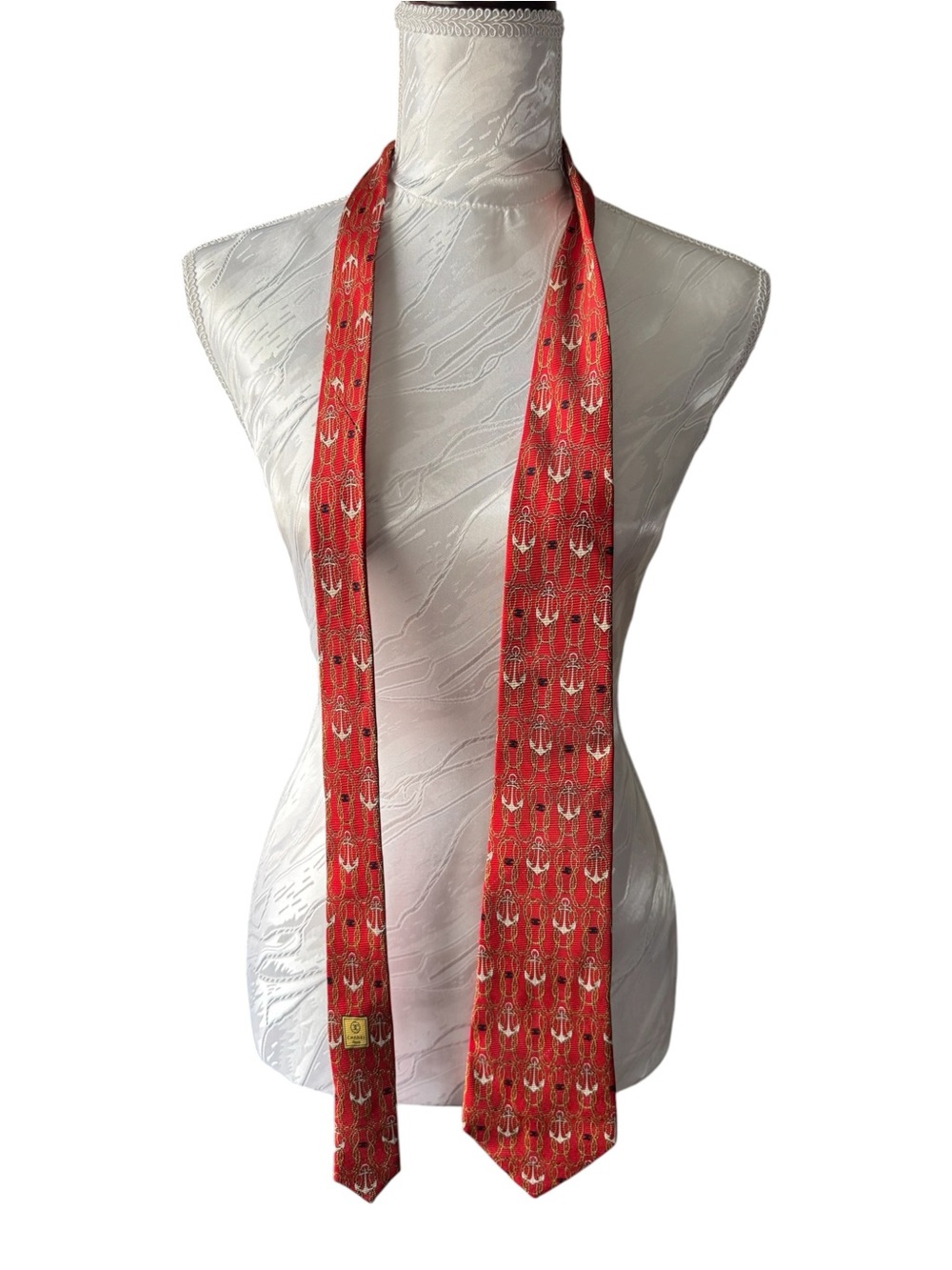 CHANEL Red Anchor Silk Patterned Scarf Tie